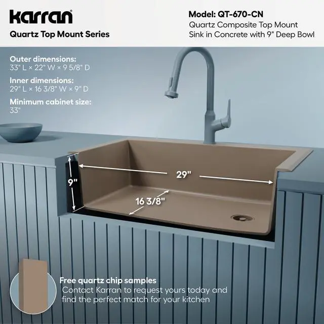 Alt view image 5 of 6 - QT-670 Drop-In/Top Mount 33" Single Bowl Granite Quartz Composite Kitchen Sink in Concrete, Right Side Drain, Extra Deep 9" Basin, Heat & Scratch Resistant, Sound Dampening
