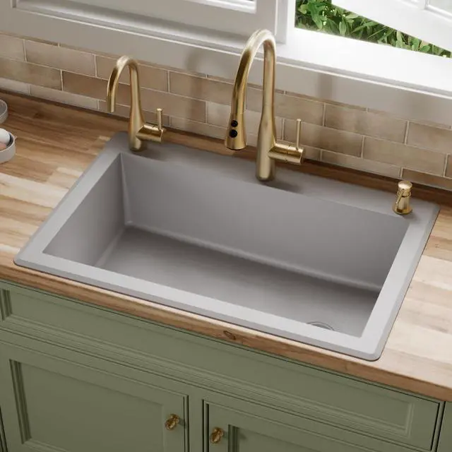 Alt view image 2 of 6 - QT-670 Drop-In/Top Mount 33" Single Bowl Granite Quartz Composite Kitchen Sink in Grey, Right Side Drain, Extra Deep 9" Basin, Heat & Scratch Resistant, Sound Dampening