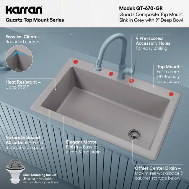 Alt view image 3 of 6 - QT-670 Drop-In/Top Mount 33" Single Bowl Granite Quartz Composite Kitchen Sink in Grey, Right Side Drain, Extra Deep 9" Basin, Heat & Scratch Resistant, Sound Dampening