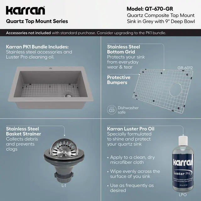 Alt view image 4 of 6 - QT-670 Drop-In/Top Mount 33" Single Bowl Granite Quartz Composite Kitchen Sink in Grey, Right Side Drain, Extra Deep 9" Basin, Heat & Scratch Resistant, Sound Dampening