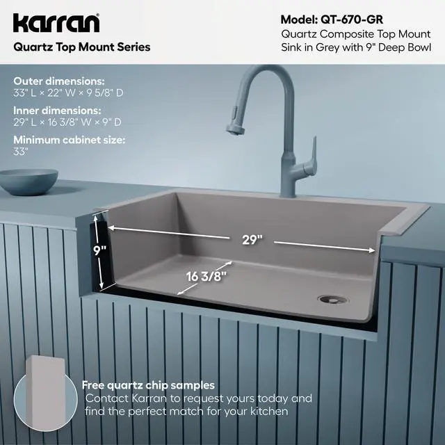 Alt view image 5 of 6 - QT-670 Drop-In/Top Mount 33" Single Bowl Granite Quartz Composite Kitchen Sink in Grey, Right Side Drain, Extra Deep 9" Basin, Heat & Scratch Resistant, Sound Dampening
