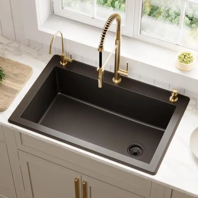 Alt view image 2 of 6 - QT-670 Drop-In/Top Mount 33" Single Bowl Granite Quartz Composite Kitchen Sink in Black Right Side Drain, Extra Deep 9" Basin, Heat & Scratch Resistant, Sound Dampening