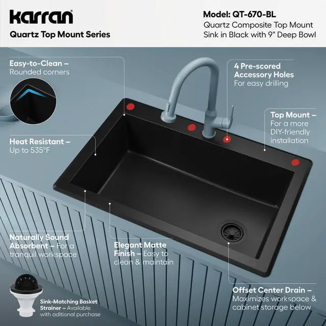 Alt view image 3 of 6 - QT-670 Drop-In/Top Mount 33" Single Bowl Granite Quartz Composite Kitchen Sink in Black Right Side Drain, Extra Deep 9" Basin, Heat & Scratch Resistant, Sound Dampening