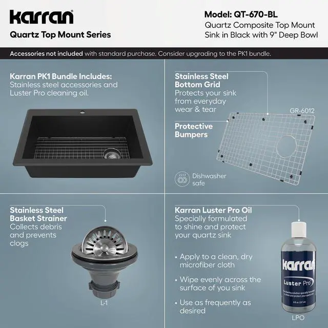 Alt view image 4 of 6 - QT-670 Drop-In/Top Mount 33" Single Bowl Granite Quartz Composite Kitchen Sink in Black Right Side Drain, Extra Deep 9" Basin, Heat & Scratch Resistant, Sound Dampening