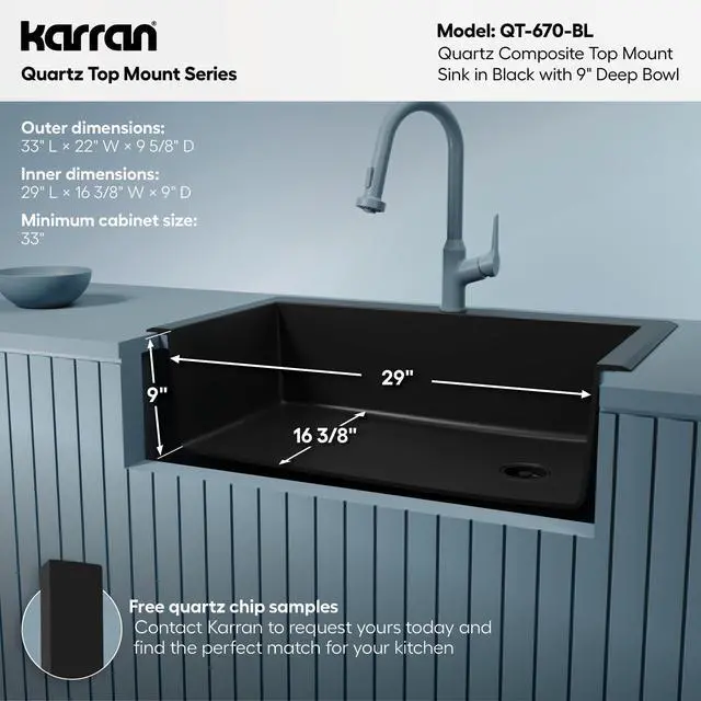 Alt view image 5 of 6 - QT-670 Drop-In/Top Mount 33" Single Bowl Granite Quartz Composite Kitchen Sink in Black Right Side Drain, Extra Deep 9" Basin, Heat & Scratch Resistant, Sound Dampening