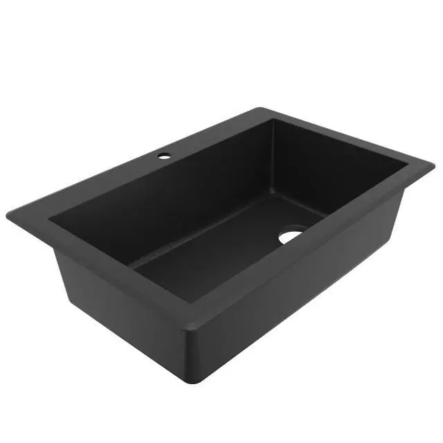 Alt view image 6 of 6 - QT-670 Drop-In/Top Mount 33" Single Bowl Granite Quartz Composite Kitchen Sink in Black Right Side Drain, Extra Deep 9" Basin, Heat & Scratch Resistant, Sound Dampening