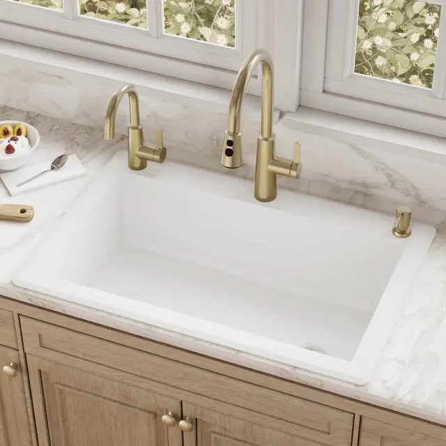 Alt view image 2 of 6 - QT-670 Drop-In/Top Mount 33" Single Bowl Granite Quartz Composite Kitchen Sink in White Right Side Drain, Extra Deep 9" Basin, Heat & Scratch Resistant, Sound Dampening
