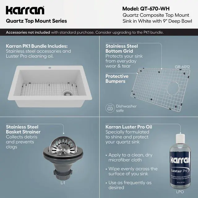 Alt view image 4 of 6 - QT-670 Drop-In/Top Mount 33" Single Bowl Granite Quartz Composite Kitchen Sink in White Right Side Drain, Extra Deep 9" Basin, Heat & Scratch Resistant, Sound Dampening