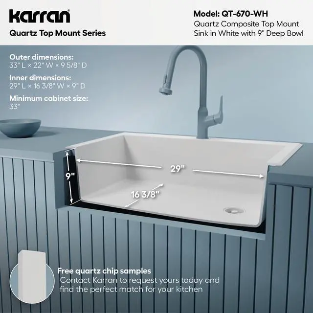 Alt view image 5 of 6 - QT-670 Drop-In/Top Mount 33" Single Bowl Granite Quartz Composite Kitchen Sink in White Right Side Drain, Extra Deep 9" Basin, Heat & Scratch Resistant, Sound Dampening