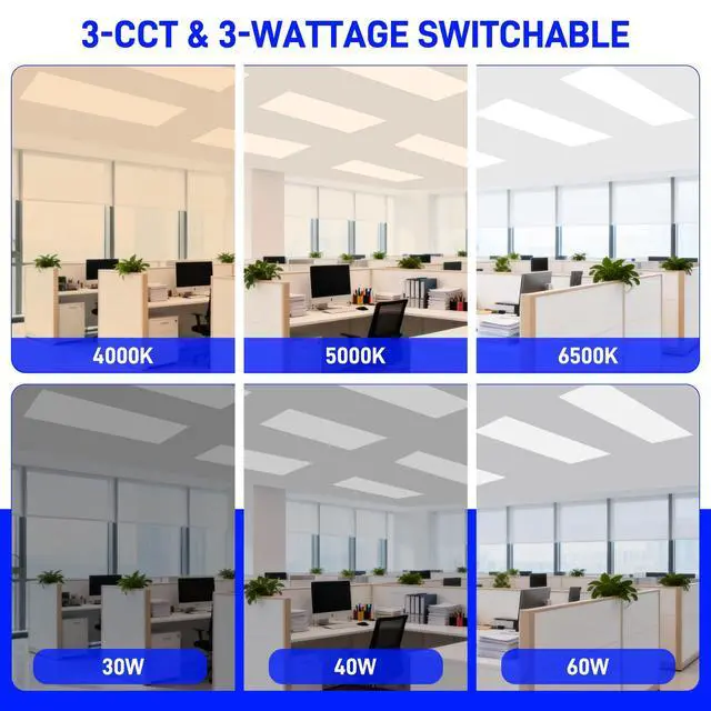 Alt view image 2 of 6 - 2x4 LED Flat Panel Light, DLC Listed, 0-10V Dimmable, 40/50/60W & CCT 4000K/5000K/6500K Selectable, Drop Ceiling Recessed Fixture for Office,Classroom,Hospital,Retail,Garage,115LM/W, 6 Pack