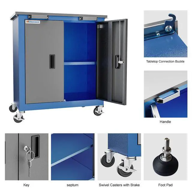 Alt view image 4 of 6 - Tool Chest with Wheels and 4 Pad Feet,Tool Chest with 2 Doors and Adjustable Shelves,Lockable Steel Chest for Garage,Home and Office,can be Combined to Large Cabinet Set