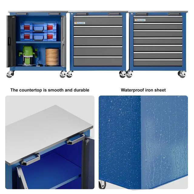 Alt view image 5 of 6 - Tool Chest with Wheels and 4 Pad Feet,Tool Chest with 2 Doors and Adjustable Shelves,Lockable Steel Chest for Garage,Home and Office,can be Combined to Large Cabinet Set