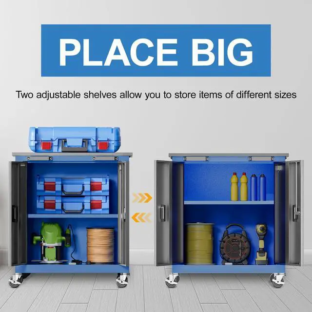 Alt view image 6 of 6 - Tool Chest with Wheels and 4 Pad Feet,Tool Chest with 2 Doors and Adjustable Shelves,Lockable Steel Chest for Garage,Home and Office,can be Combined to Large Cabinet Set