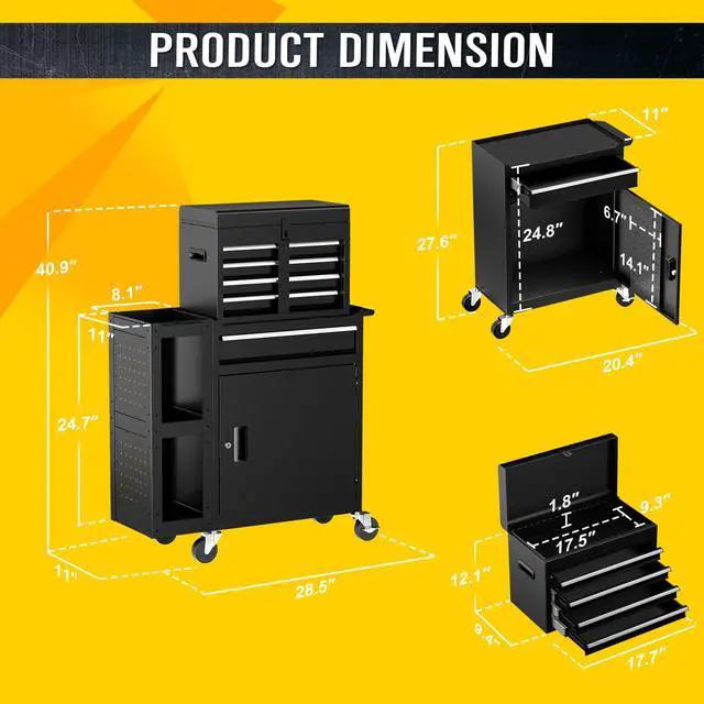 Alt view image 3 of 6 - 5-Drawer Rolling Tool Chest, Assembled Metal Tool Storage Cabinet with Wheels, Locking Sliding Drawers & Detachable Top Box, for Garage Workshop Repair Room Warehouse