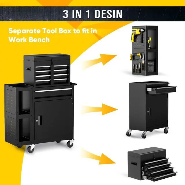 Alt view image 4 of 6 - 5-Drawer Rolling Tool Chest, Assembled Metal Tool Storage Cabinet with Wheels, Locking Sliding Drawers & Detachable Top Box, for Garage Workshop Repair Room Warehouse