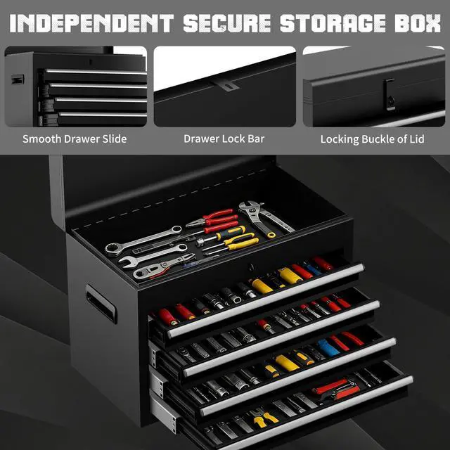 Alt view image 5 of 6 - 5-Drawer Rolling Tool Chest, Assembled Metal Tool Storage Cabinet with Wheels, Locking Sliding Drawers & Detachable Top Box, for Garage Workshop Repair Room Warehouse