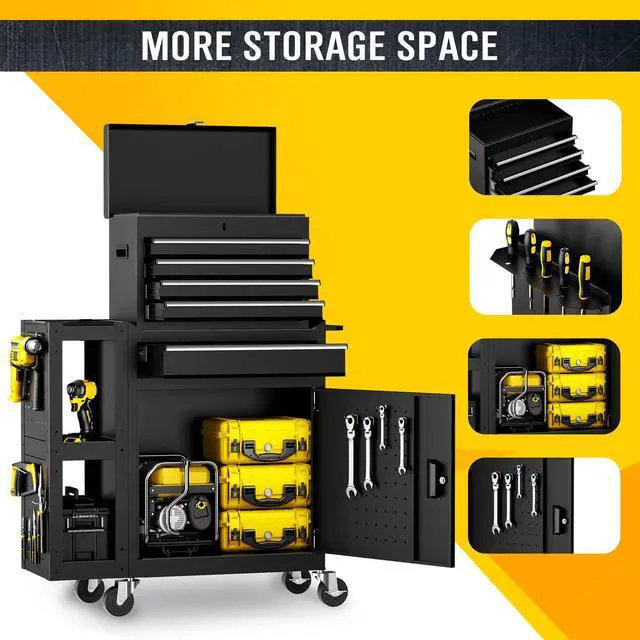 Alt view image 6 of 6 - 5-Drawer Rolling Tool Chest, Assembled Metal Tool Storage Cabinet with Wheels, Locking Sliding Drawers & Detachable Top Box, for Garage Workshop Repair Room Warehouse