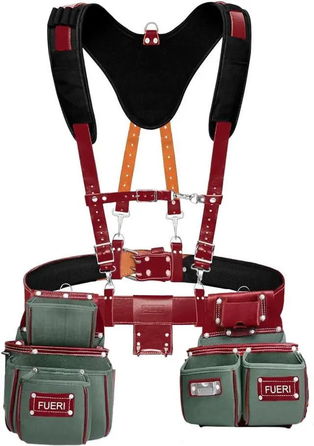 Main image of Tool Belt for Men made with Heavy Duty 1680-D Double Layer Nylon & Grain Leather comes with Suspender, Adjustable Padded Belt, 19 Pockets pouches, and a Hammer Holder | Framers, Construction
