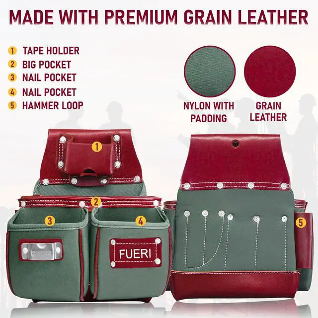 Alt view image 2 of 6 - Tool Belt for Men made with Heavy Duty 1680-D Double Layer Nylon & Grain Leather comes with Suspender, Adjustable Padded Belt, 19 Pockets pouches, and a Hammer Holder | Framers, Construction