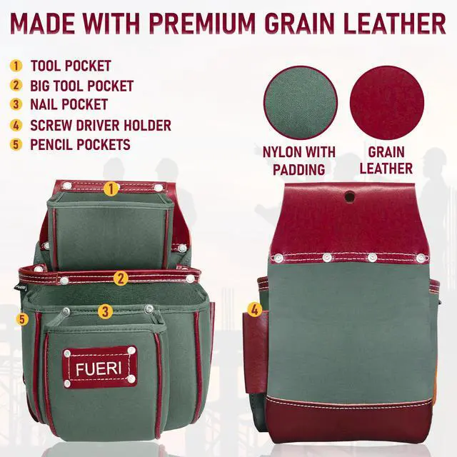 Alt view image 3 of 6 - Tool Belt for Men made with Heavy Duty 1680-D Double Layer Nylon & Grain Leather comes with Suspender, Adjustable Padded Belt, 19 Pockets pouches, and a Hammer Holder | Framers, Construction