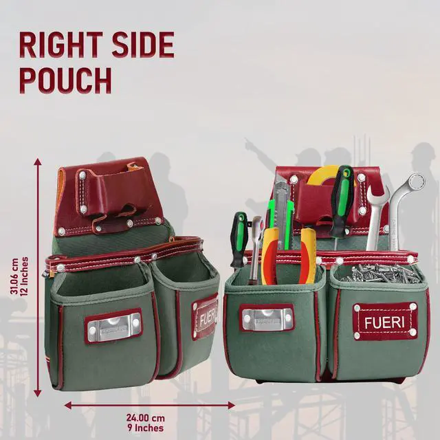Alt view image 4 of 6 - Tool Belt for Men made with Heavy Duty 1680-D Double Layer Nylon & Grain Leather comes with Suspender, Adjustable Padded Belt, 19 Pockets pouches, and a Hammer Holder | Framers, Construction