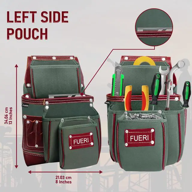 Alt view image 5 of 6 - Tool Belt for Men made with Heavy Duty 1680-D Double Layer Nylon & Grain Leather comes with Suspender, Adjustable Padded Belt, 19 Pockets pouches, and a Hammer Holder | Framers, Construction