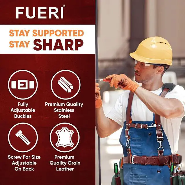 Alt view image 6 of 6 - Tool Belt for Men made with Heavy Duty 1680-D Double Layer Nylon & Grain Leather comes with Suspender, Adjustable Padded Belt, 19 Pockets pouches, and a Hammer Holder | Framers, Construction