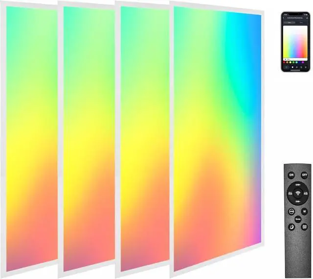 Main image of 4 Pack 2X4 FT LED RGBW 5000K Multicolor Flat Panel, Light Remote & App Controlled 60W 6600lm Color Changing LED Panel Light Smart Wi-Fi Drop Ceiling Light with Alexa/Google Assistant
