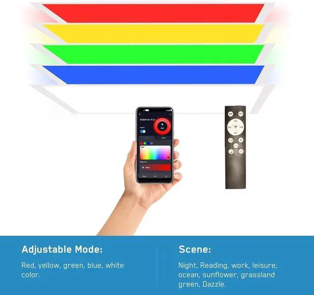 Alt view image 3 of 6 - 4 Pack 2X4 FT LED RGBW 5000K Multicolor Flat Panel, Light Remote & App Controlled 60W 6600lm Color Changing LED Panel Light Smart Wi-Fi Drop Ceiling Light with Alexa/Google Assistant