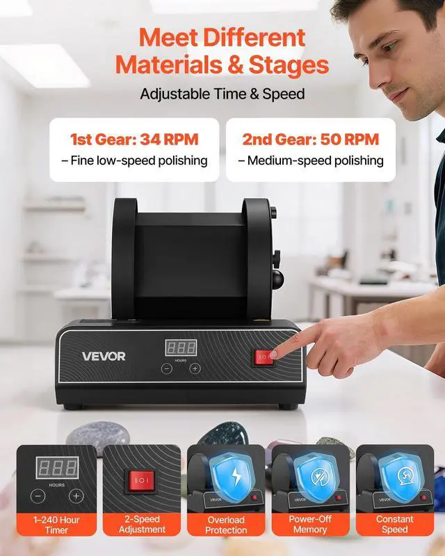 Alt view image 4 of 6 - Rock Tumbler Kit, 17 lbs Rock Polishing Kit, 2-Speed Stone Polishing Kit with 240-Hour Polishing Timer, Rock Polisher with Belt-Driven Brushless Motor, Rock Polisher for Adults and Kids