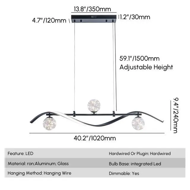Alt view image 2 of 6 - 40.2" Black Dimmable Integrated LED Linear Chandelier, Kitchen Island Pendant Lighting, Dining Room Over Table Fixture, Modern Hanging Ceiling Light