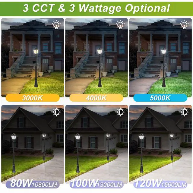 Alt view image 3 of 6 - LED Lantern Post Top Light, 80W/100W/120W Adjustable, 3000K/4000K/5000K CCT Tunable, 100-277V Outdoor Commercial Pole Light Fixture, DLC & UL Listed, for Garden & Street Lighting