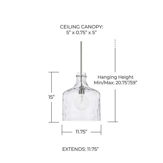 Alt view image 2 of 4 - HomePlace Lighting 325717BN Crawford Urban/Industrial Clear Water Glass Jar Pendant Light, 1-Light 100 Watt, 15" H x 12" W, Brushed Nickel