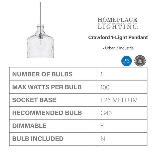 Alt view image 3 of 4 - HomePlace Lighting 325717BN Crawford Urban/Industrial Clear Water Glass Jar Pendant Light, 1-Light 100 Watt, 15" H x 12" W, Brushed Nickel