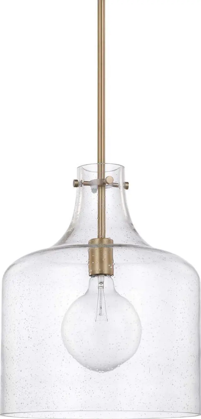 Main image of HomePlace Lighting 325712AD Crawford Urban/Industrial Clear Seeded Glass Jar Pendant Light, 1-Light 100 Watt, 15" H x 12" W, Aged Brass