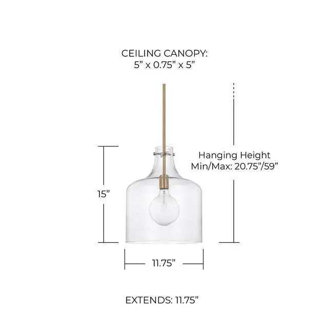 Alt view image 2 of 6 - HomePlace Lighting 325712AD Crawford Urban/Industrial Clear Seeded Glass Jar Pendant Light, 1-Light 100 Watt, 15" H x 12" W, Aged Brass