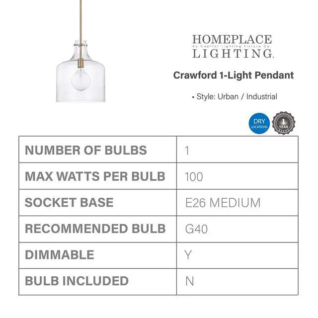 Alt view image 3 of 6 - HomePlace Lighting 325712AD Crawford Urban/Industrial Clear Seeded Glass Jar Pendant Light, 1-Light 100 Watt, 15" H x 12" W, Aged Brass