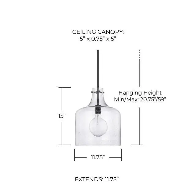 Alt view image 2 of 6 - HomePlace Lighting 325712MB Crawford Urban/Industrial Clear Seeded Glass Jar Pendant Light, 1-Light 100 Watt, 15" H x 12" W, Matte Black