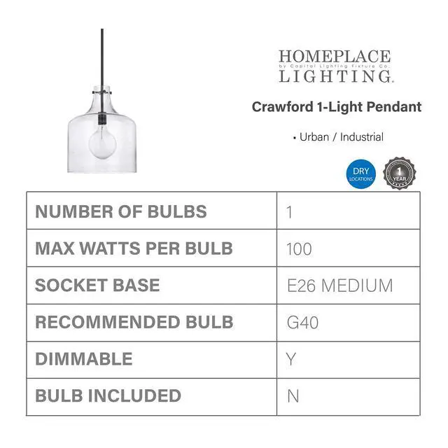 Alt view image 3 of 6 - HomePlace Lighting 325712MB Crawford Urban/Industrial Clear Seeded Glass Jar Pendant Light, 1-Light 100 Watt, 15" H x 12" W, Matte Black