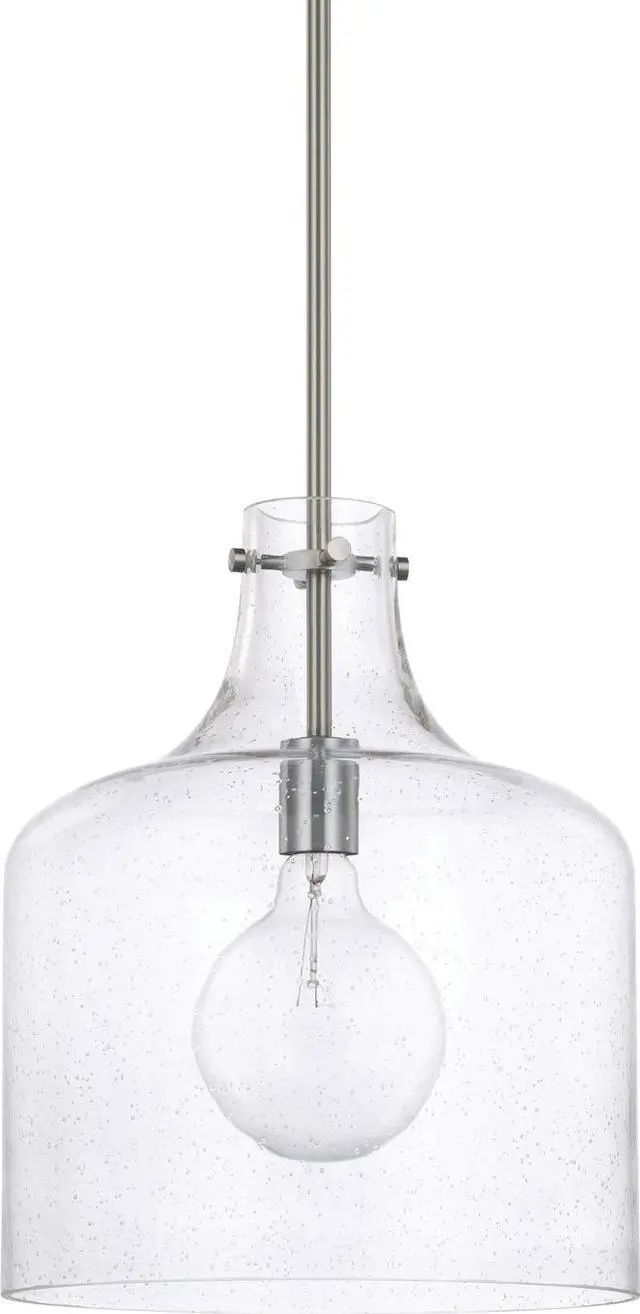 Main image of HomePlace Lighting 325712BN Crawford Urban/Industrial Clear Seeded Glass Jar Pendant Light, 1-Light 100 Watt, 15" H x 12" W, Brushed Nickel
