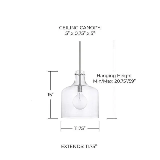Alt view image 2 of 3 - HomePlace Lighting 325712BN Crawford Urban/Industrial Clear Seeded Glass Jar Pendant Light, 1-Light 100 Watt, 15" H x 12" W, Brushed Nickel