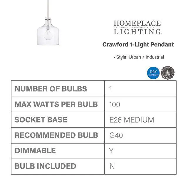 Alt view image 3 of 3 - HomePlace Lighting 325712BN Crawford Urban/Industrial Clear Seeded Glass Jar Pendant Light, 1-Light 100 Watt, 15" H x 12" W, Brushed Nickel