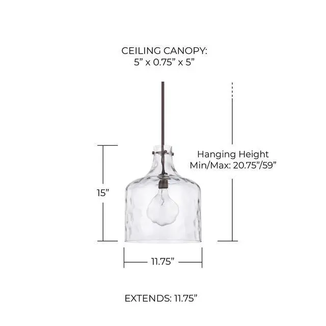 Alt view image 2 of 3 - HomePlace Lighting 325717BZ Crawford Urban/Industrial Clear Water Glass Jar Pendant Light, 1-Light 100 Watt, 15" H x 12" W, Bronze