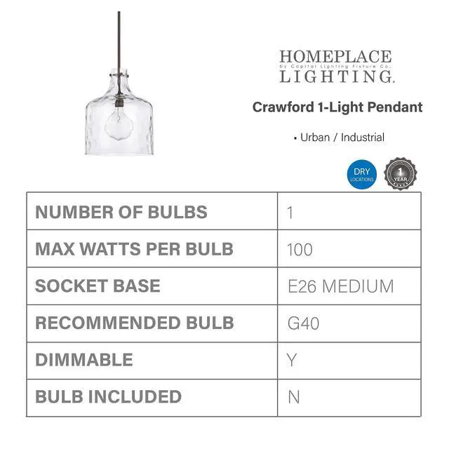 Alt view image 3 of 3 - HomePlace Lighting 325717BZ Crawford Urban/Industrial Clear Water Glass Jar Pendant Light, 1-Light 100 Watt, 15" H x 12" W, Bronze