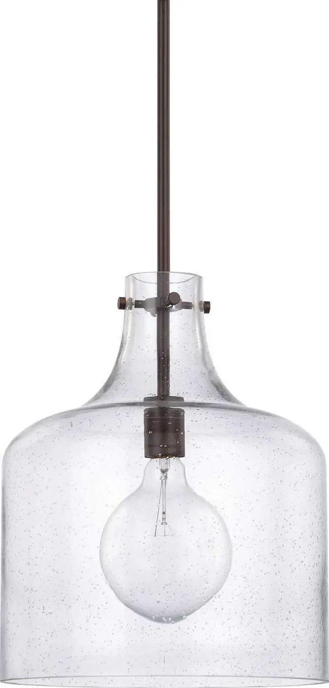 Main image of HomePlace Lighting 325712BZ Crawford Urban/Industrial Clear Seeded Glass Jar Pendant Light, 1-Light 100 Watt, 15" H x 12" W, Bronze