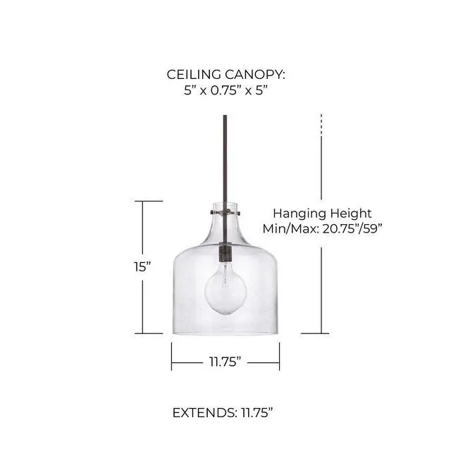 Alt view image 2 of 2 - HomePlace Lighting 325712BZ Crawford Urban/Industrial Clear Seeded Glass Jar Pendant Light, 1-Light 100 Watt, 15" H x 12" W, Bronze