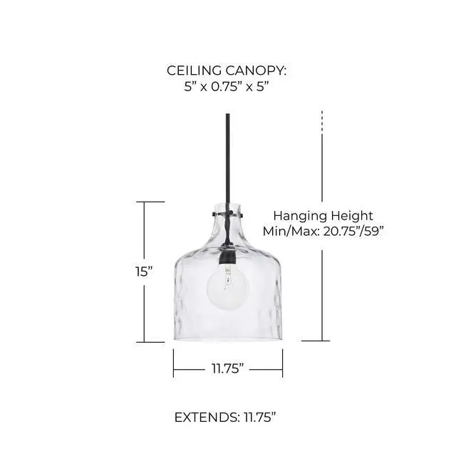 Alt view image 2 of 6 - HomePlace Lighting 325717MB Crawford Urban/Industrial Clear Water Glass Jar Pendant Light, 1-Light 100 Watt, 15" H x 12" W, Matte Black