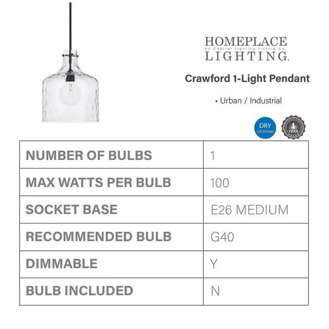 Alt view image 6 of 6 - HomePlace Lighting 325717MB Crawford Urban/Industrial Clear Water Glass Jar Pendant Light, 1-Light 100 Watt, 15" H x 12" W, Matte Black