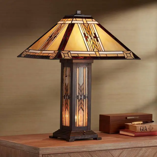 Alt view image 3 of 6 - Drake Mission Collection 25 1/2" High Tiffany-Style Farmhouse Rustic Southwestern Table Lamp Night Light Pull Chain Yellow Brown Art Glass Single Living Room Bedroom Bedside
