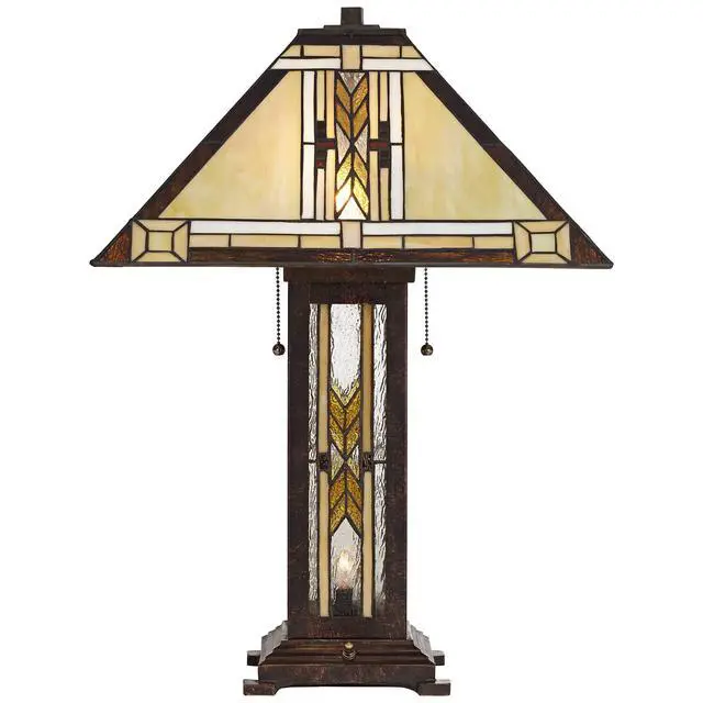 Alt view image 6 of 6 - Drake Mission Collection 25 1/2" High Tiffany-Style Farmhouse Rustic Southwestern Table Lamp Night Light Pull Chain Yellow Brown Art Glass Single Living Room Bedroom Bedside